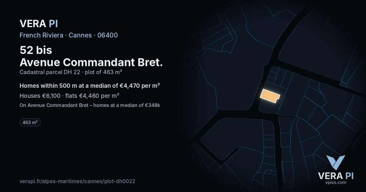 52 bis Avenue Commandant Bret, Cannes at night – the plot lit, the parcels around coloured by the prices near them