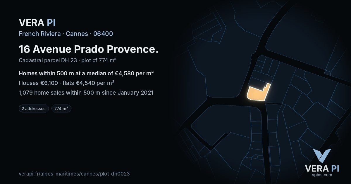 16 Avenue Prado Provence, Cannes at night – the plot lit, the parcels around coloured by the prices near them