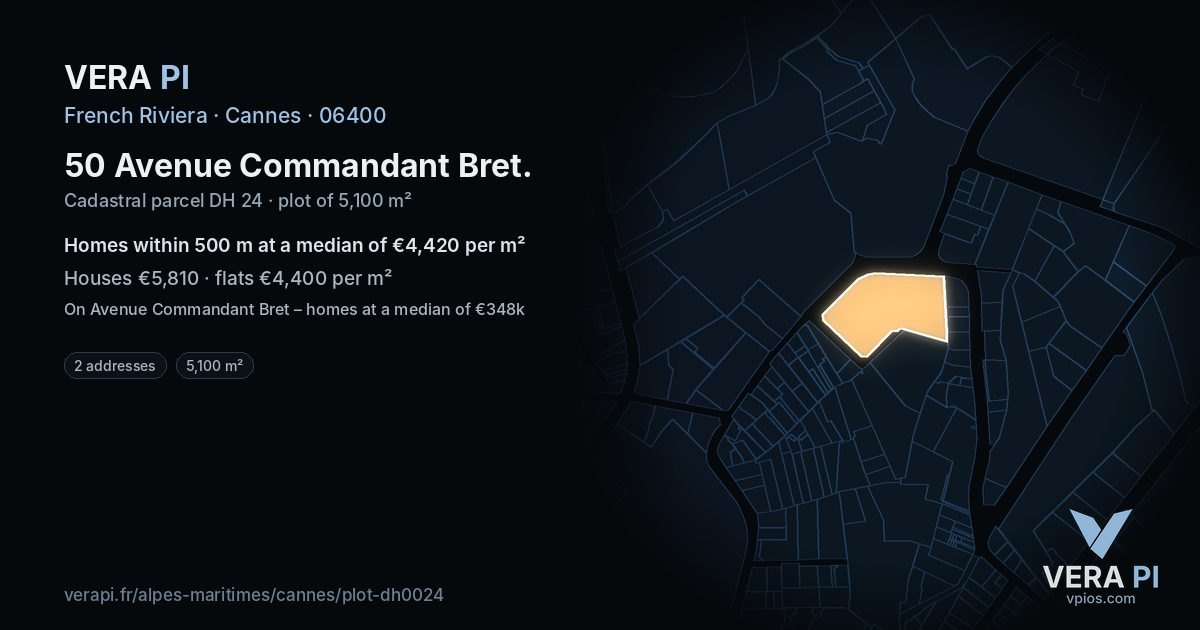 50 Avenue Commandant Bret, Cannes at night – the plot lit, the parcels around coloured by the prices near them