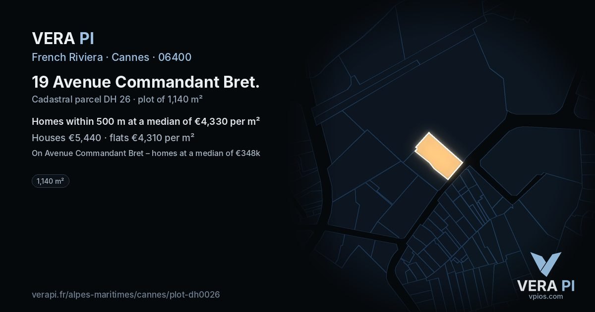 19 Avenue Commandant Bret, Cannes at night – the plot lit, the parcels around coloured by the prices near them