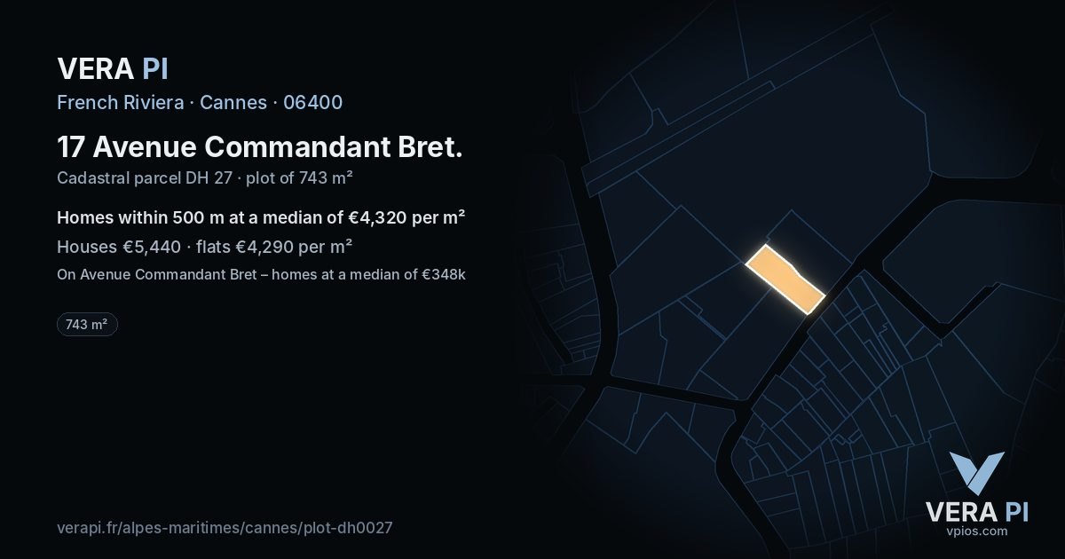17 Avenue Commandant Bret, Cannes at night – the plot lit, the parcels around coloured by the prices near them