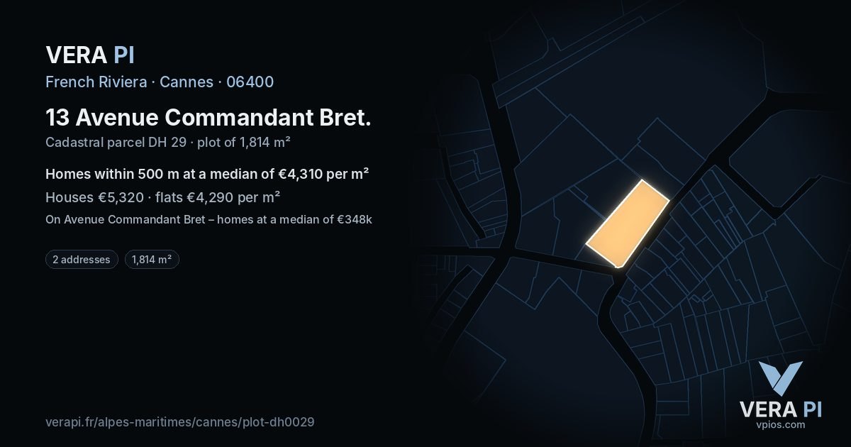 13 Avenue Commandant Bret, Cannes at night – the plot lit, the parcels around coloured by the prices near them