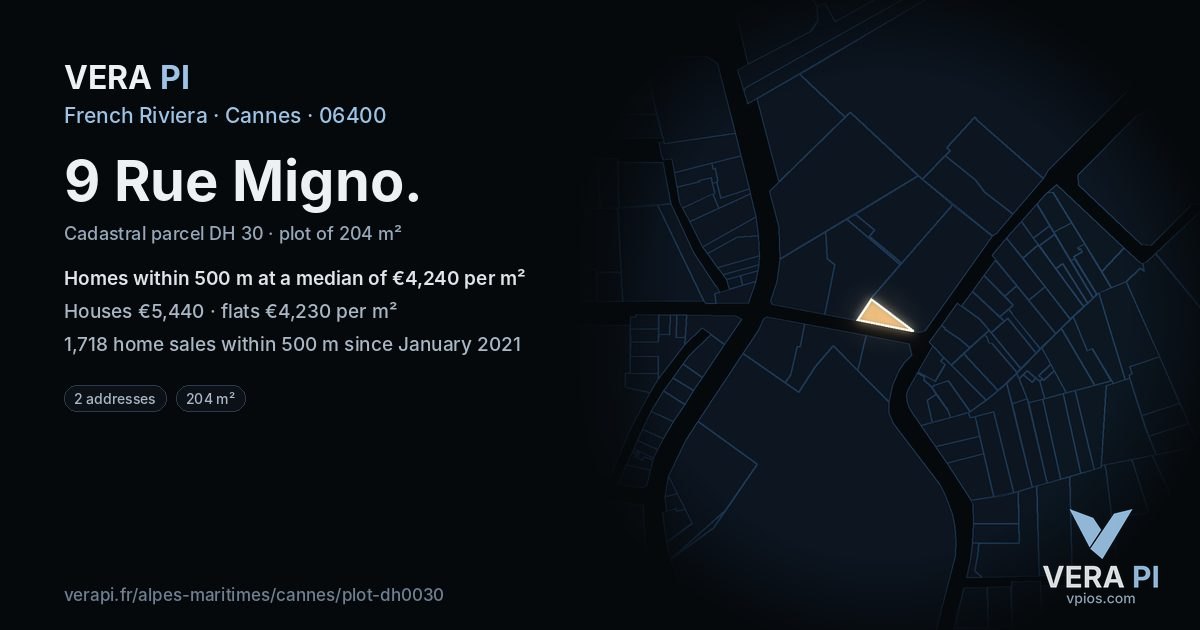 9 Rue Migno, Cannes at night – the plot lit, the parcels around coloured by the prices near them