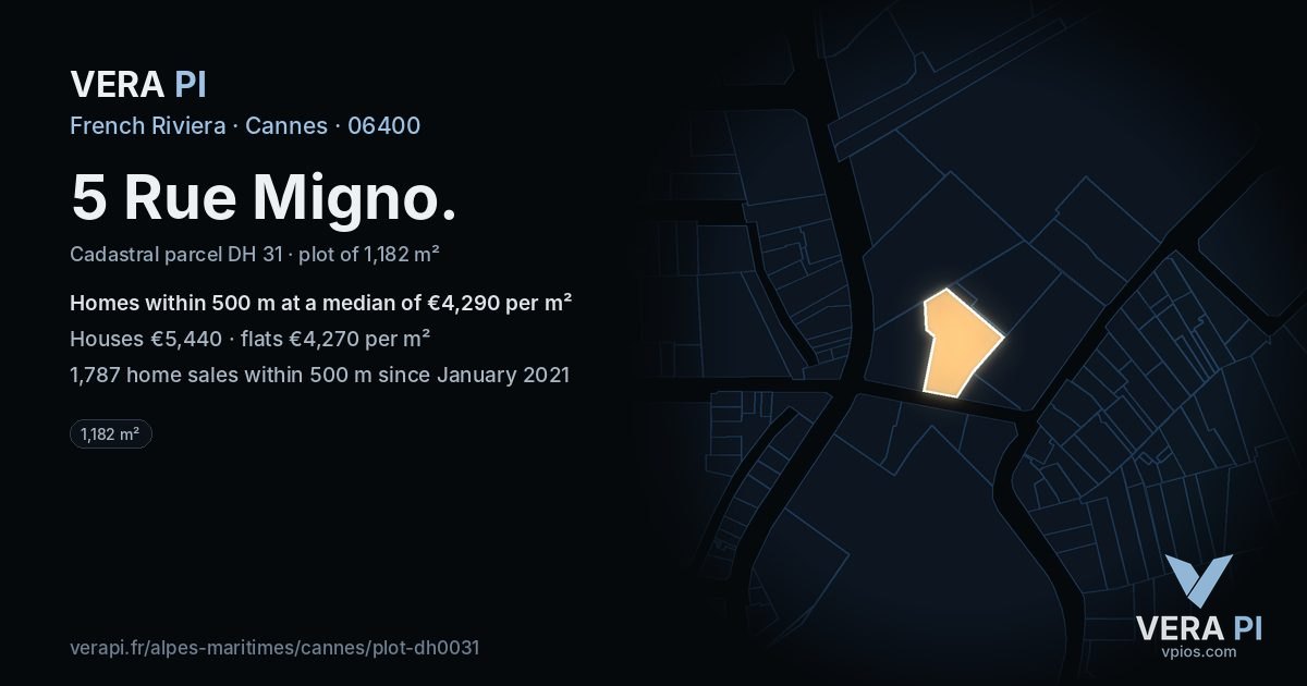 5 Rue Migno, Cannes at night – the plot lit, the parcels around coloured by the prices near them