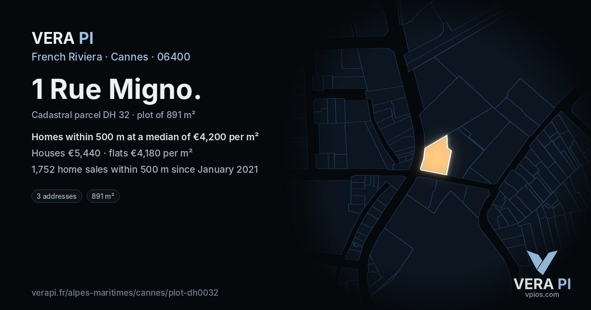 1 Rue Migno, Cannes at night – the plot lit, the parcels around coloured by the prices near them