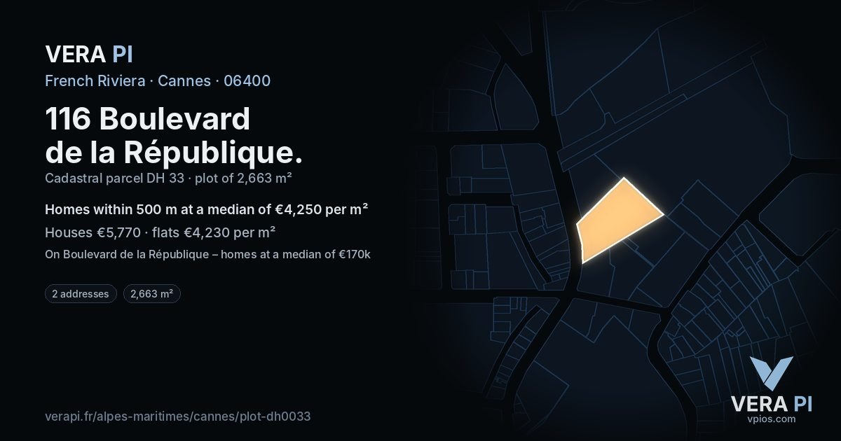 116 Boulevard de la République, Cannes at night – the plot lit, the parcels around coloured by the prices near them