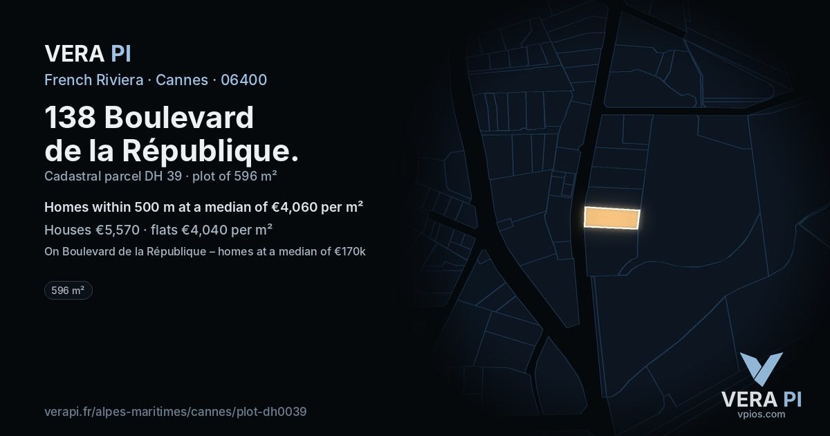 138 Boulevard de la République, Cannes at night – the plot lit, the parcels around coloured by the prices near them