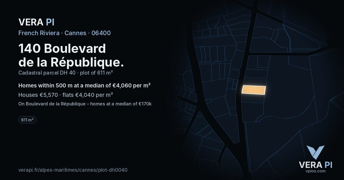 140 Boulevard de la République, Cannes at night – the plot lit, the parcels around coloured by the prices near them
