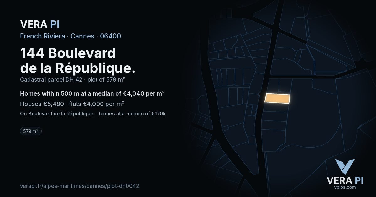 144 Boulevard de la République, Cannes at night – the plot lit, the parcels around coloured by the prices near them