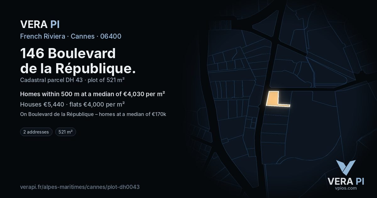 146 Boulevard de la République, Cannes at night – the plot lit, the parcels around coloured by the prices near them
