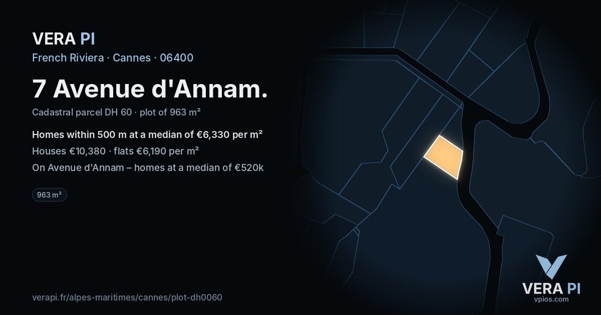 7 Avenue d'Annam, Cannes at night – the plot lit, the parcels around coloured by the prices near them