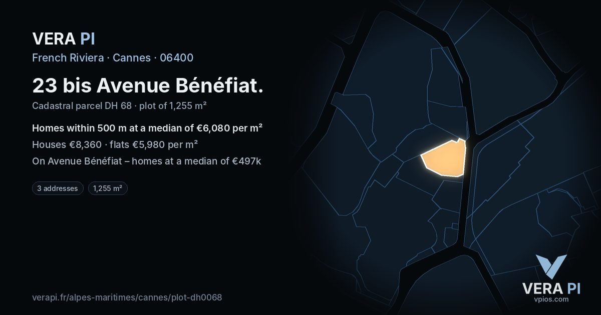 23 bis Avenue Bénéfiat, Cannes at night – the plot lit, the parcels around coloured by the prices near them