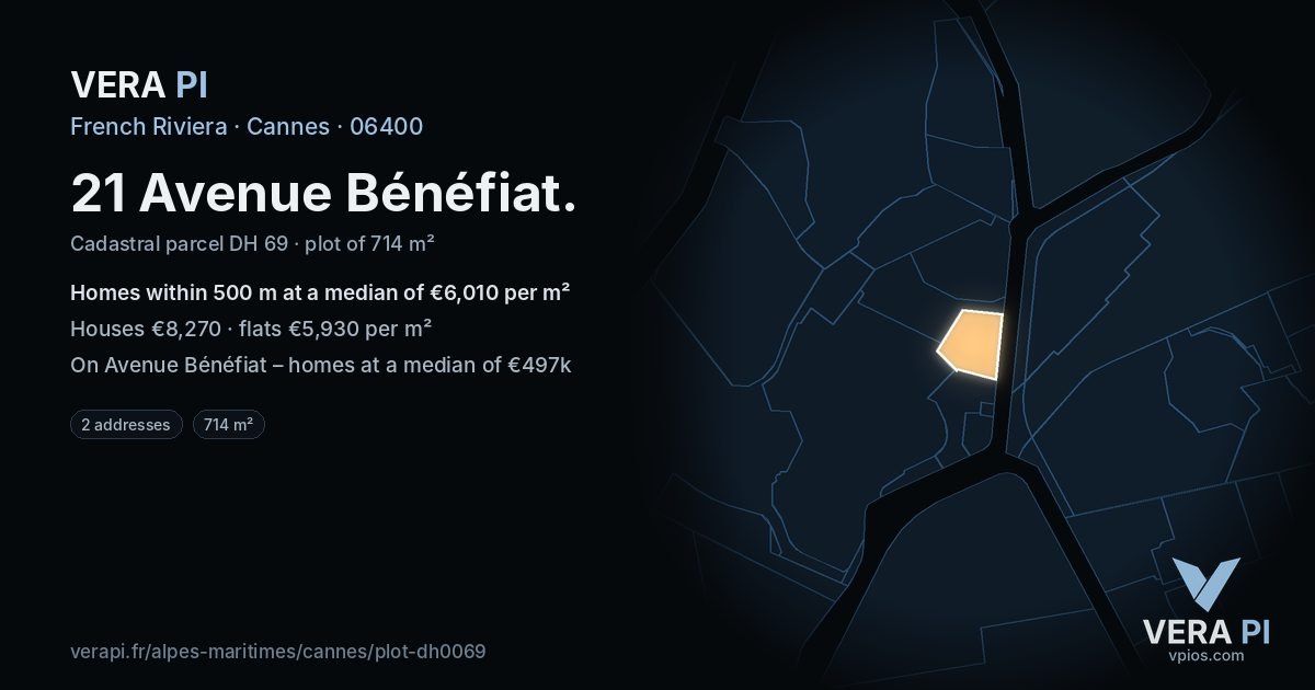 21 Avenue Bénéfiat, Cannes at night – the plot lit, the parcels around coloured by the prices near them