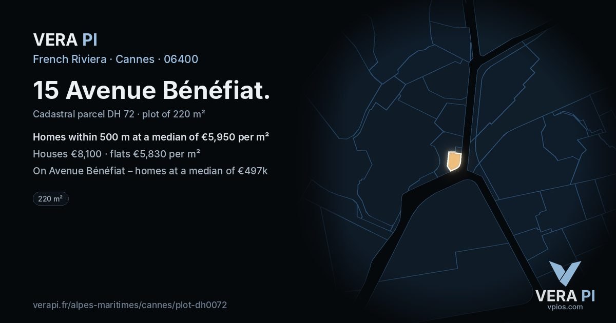 15 Avenue Bénéfiat, Cannes at night – the plot lit, the parcels around coloured by the prices near them