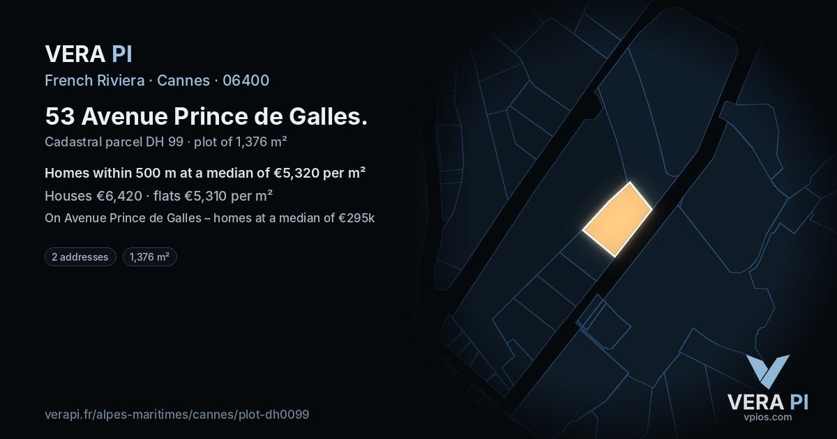 53 Avenue Prince de Galles, Cannes at night – the plot lit, the parcels around coloured by the prices near them