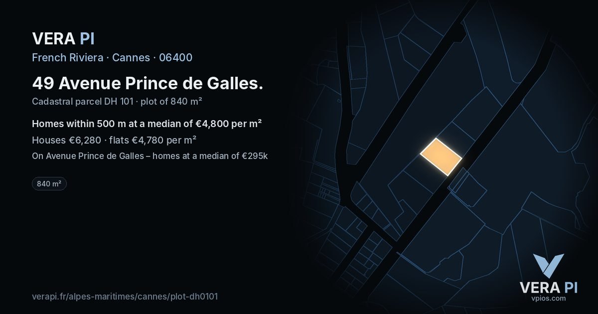 49 Avenue Prince de Galles, Cannes at night – the plot lit, the parcels around coloured by the prices near them