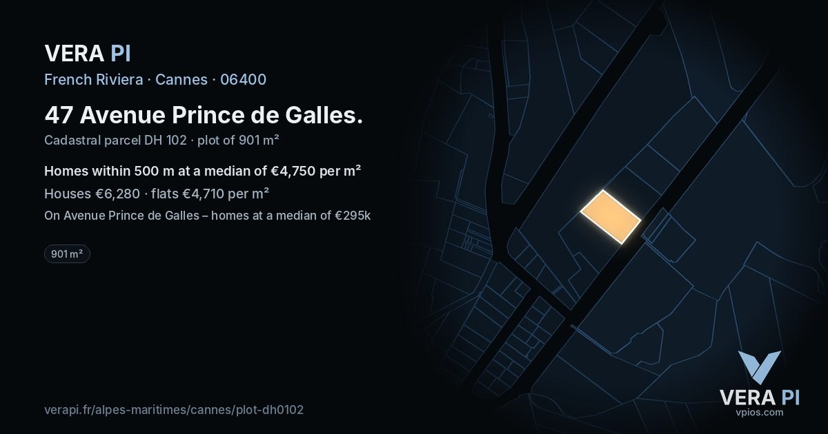 47 Avenue Prince de Galles, Cannes at night – the plot lit, the parcels around coloured by the prices near them