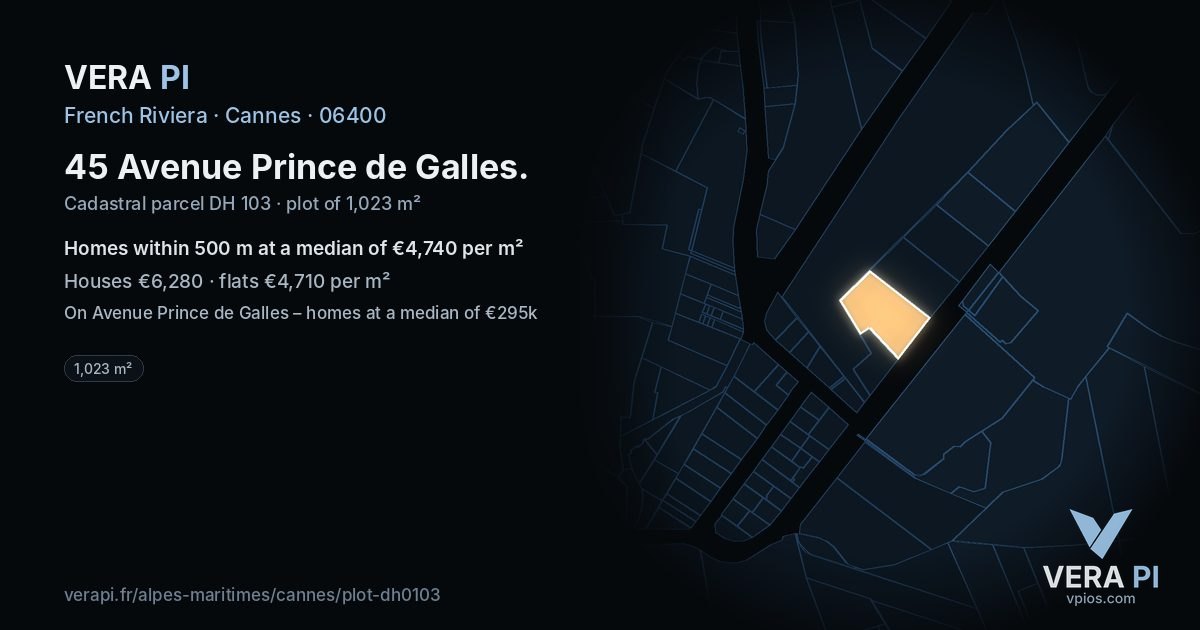 45 Avenue Prince de Galles, Cannes at night – the plot lit, the parcels around coloured by the prices near them