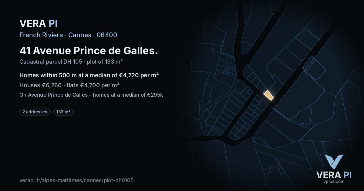 41 Avenue Prince de Galles, Cannes at night – the plot lit, the parcels around coloured by the prices near them