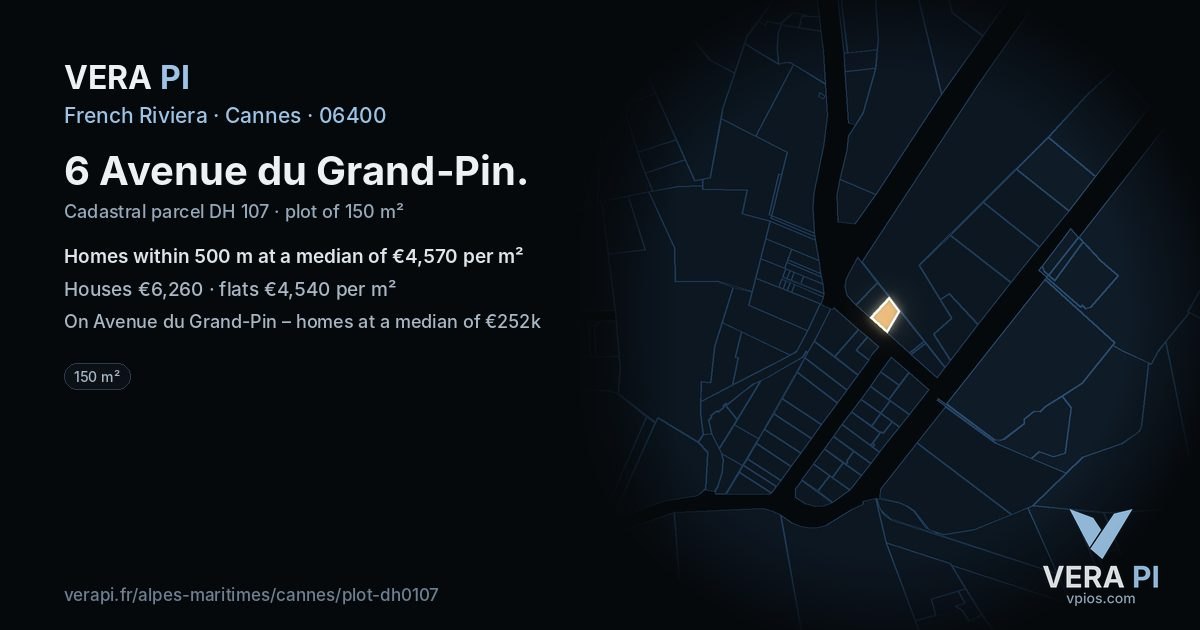 6 Avenue du Grand-Pin, Cannes at night – the plot lit, the parcels around coloured by the prices near them