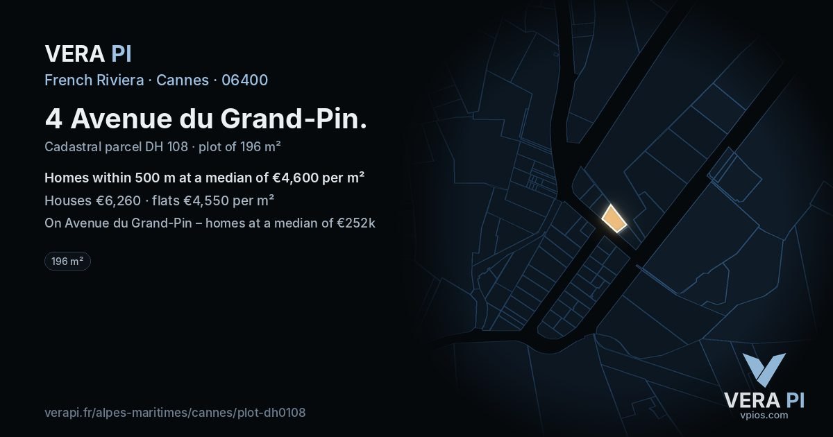 4 Avenue du Grand-Pin, Cannes at night – the plot lit, the parcels around coloured by the prices near them