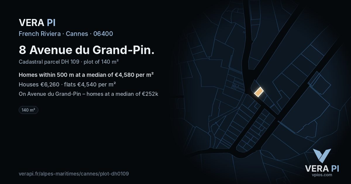 8 Avenue du Grand-Pin, Cannes at night – the plot lit, the parcels around coloured by the prices near them