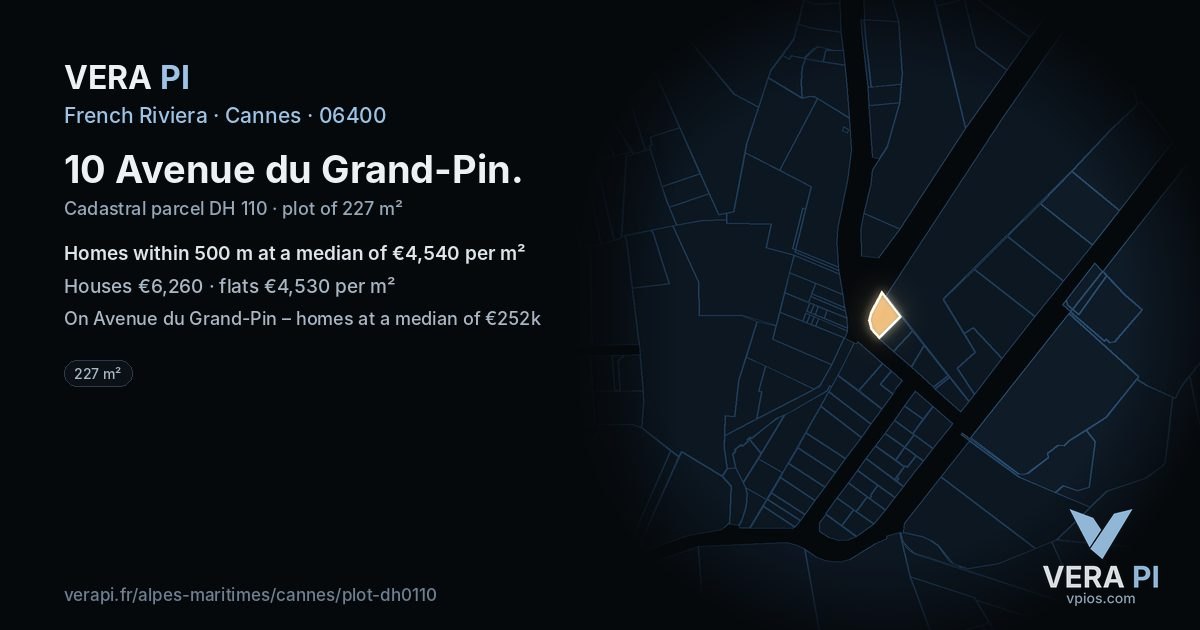 10 Avenue du Grand-Pin, Cannes at night – the plot lit, the parcels around coloured by the prices near them