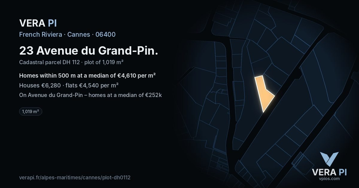 23 Avenue du Grand-Pin, Cannes at night – the plot lit, the parcels around coloured by the prices near them