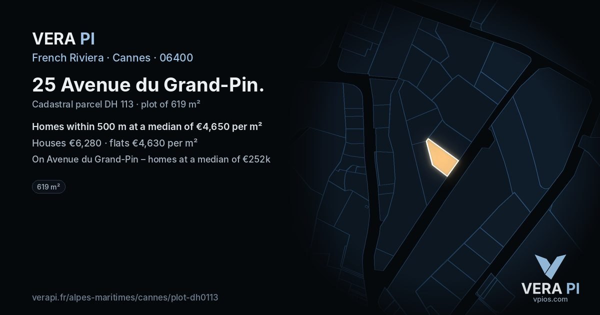 25 Avenue du Grand-Pin, Cannes at night – the plot lit, the parcels around coloured by the prices near them