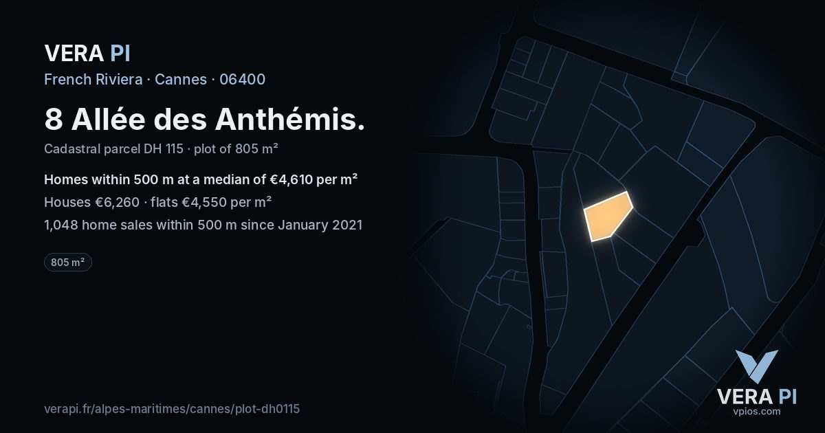 8 Allée des Anthémis, Cannes at night – the plot lit, the parcels around coloured by the prices near them