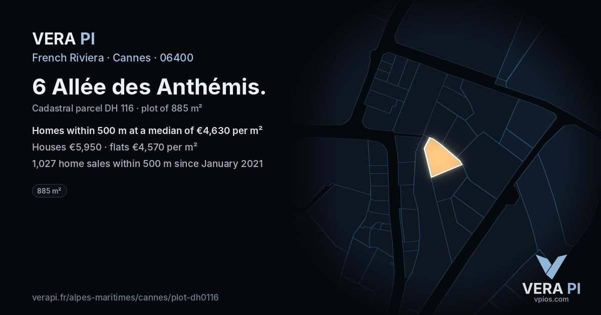 6 Allée des Anthémis, Cannes at night – the plot lit, the parcels around coloured by the prices near them