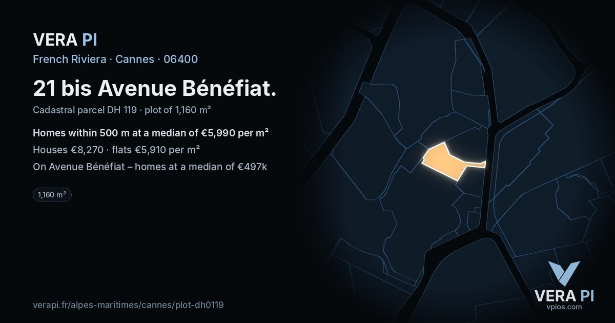 21 bis Avenue Bénéfiat, Cannes at night – the plot lit, the parcels around coloured by the prices near them