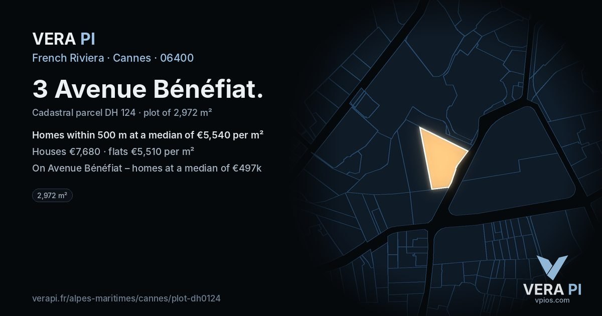 3 Avenue Bénéfiat, Cannes at night – the plot lit, the parcels around coloured by the prices near them