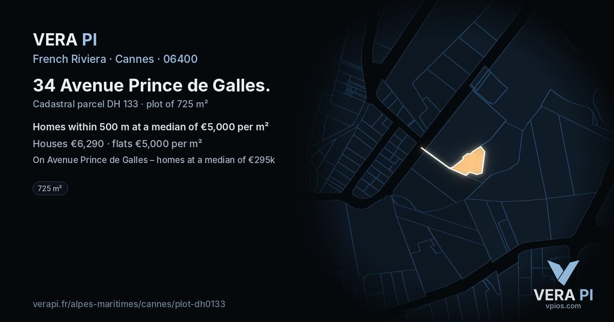 34 Avenue Prince de Galles, Cannes at night – the plot lit, the parcels around coloured by the prices near them