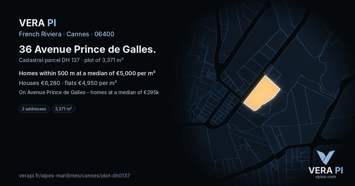 36 Avenue Prince de Galles, Cannes at night – the plot lit, the parcels around coloured by the prices near them