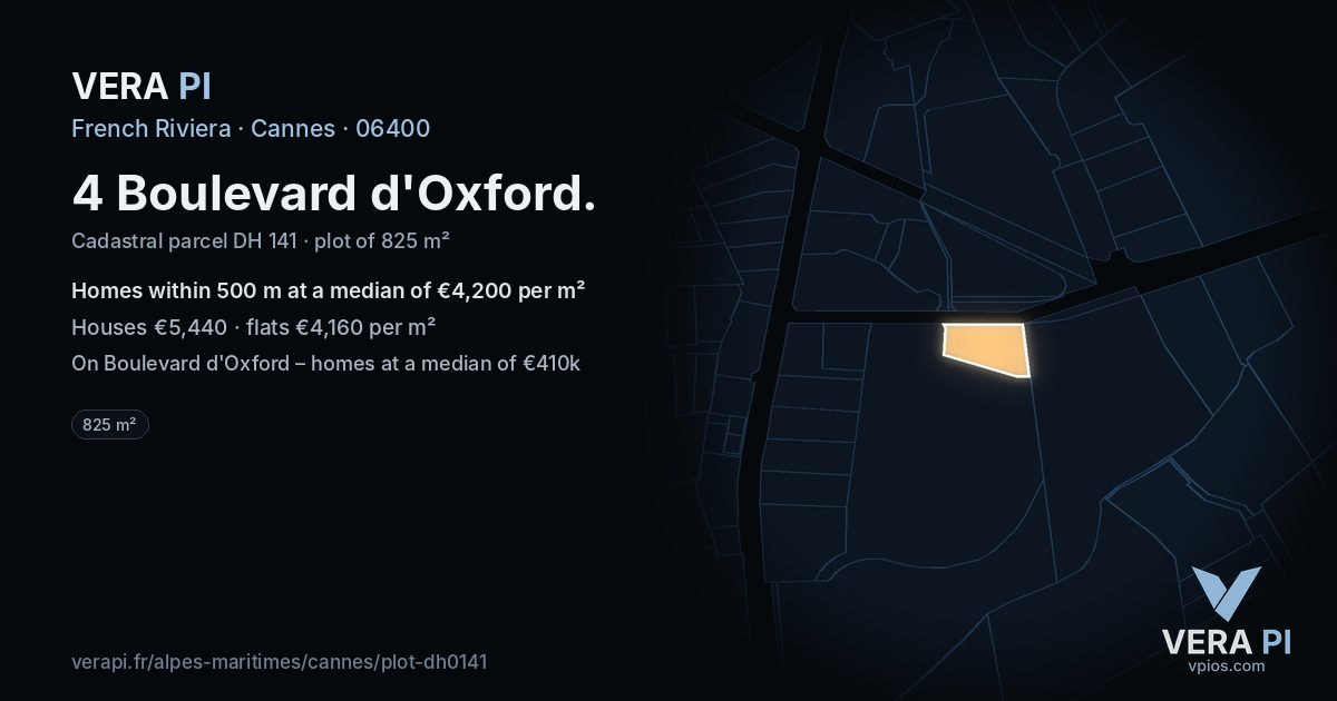 4 Boulevard d'Oxford, Cannes at night – the plot lit, the parcels around coloured by the prices near them
