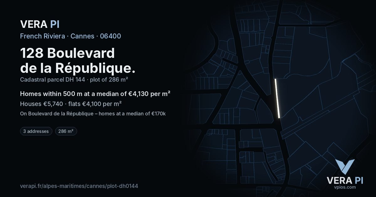 128 Boulevard de la République, Cannes at night – the plot lit, the parcels around coloured by the prices near them