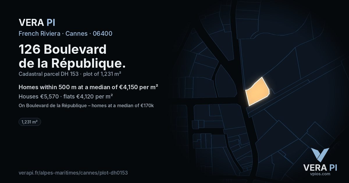 126 Boulevard de la République, Cannes at night – the plot lit, the parcels around coloured by the prices near them