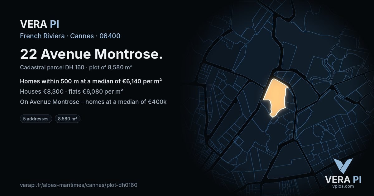 22 Avenue Montrose, Cannes at night – the plot lit, the parcels around coloured by the prices near them
