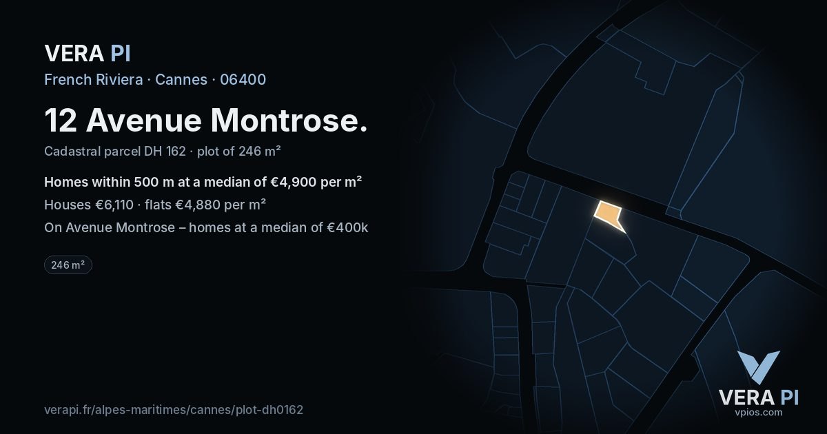 12 Avenue Montrose, Cannes at night – the plot lit, the parcels around coloured by the prices near them