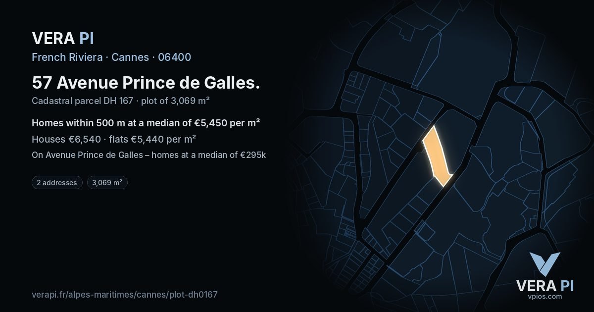 57 Avenue Prince de Galles, Cannes at night – the plot lit, the parcels around coloured by the prices near them