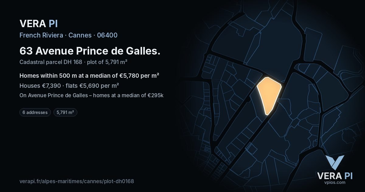 63 Avenue Prince de Galles, Cannes at night – the plot lit, the parcels around coloured by the prices near them