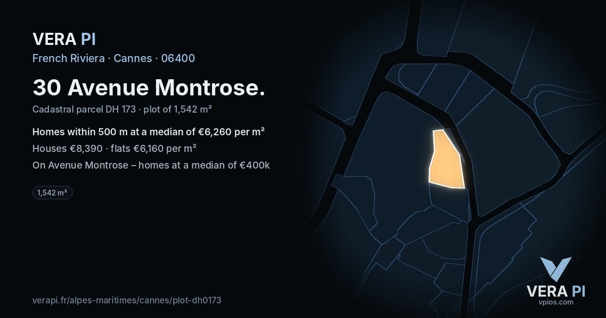 30 Avenue Montrose, Cannes at night – the plot lit, the parcels around coloured by the prices near them