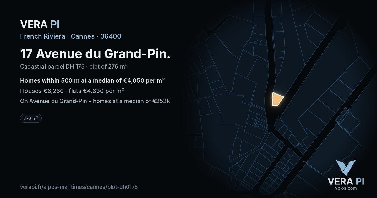 17 Avenue du Grand-Pin, Cannes at night – the plot lit, the parcels around coloured by the prices near them