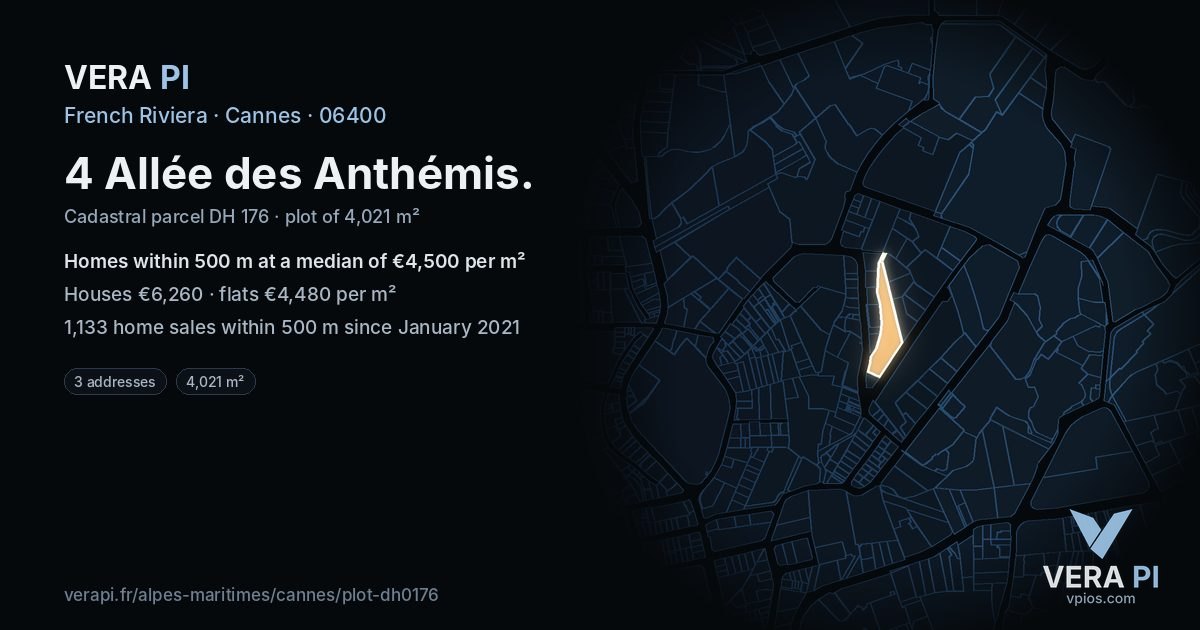 4 Allée des Anthémis, Cannes at night – the plot lit, the parcels around coloured by the prices near them