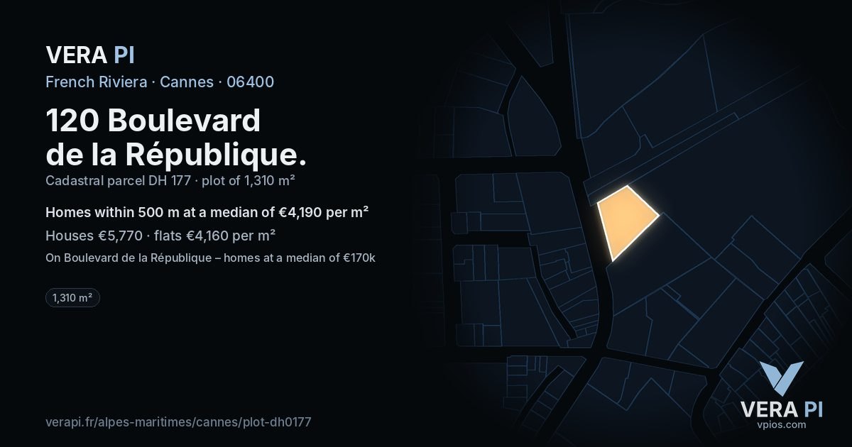 120 Boulevard de la République, Cannes at night – the plot lit, the parcels around coloured by the prices near them