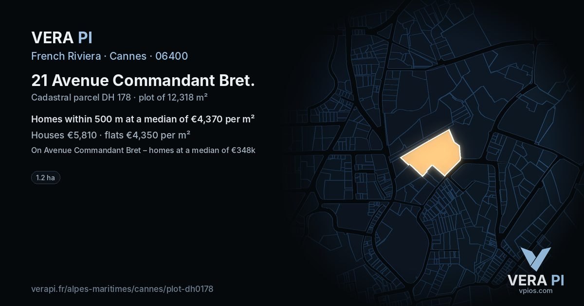 21 Avenue Commandant Bret, Cannes at night – the plot lit, the parcels around coloured by the prices near them