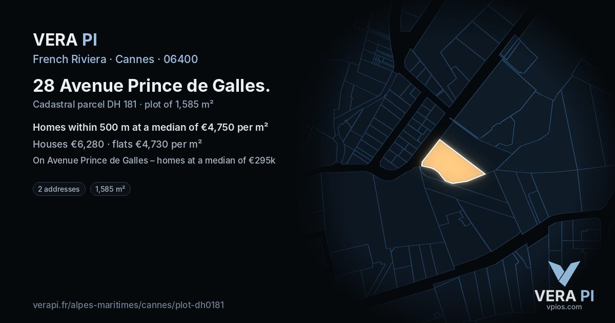 28 Avenue Prince de Galles, Cannes at night – the plot lit, the parcels around coloured by the prices near them