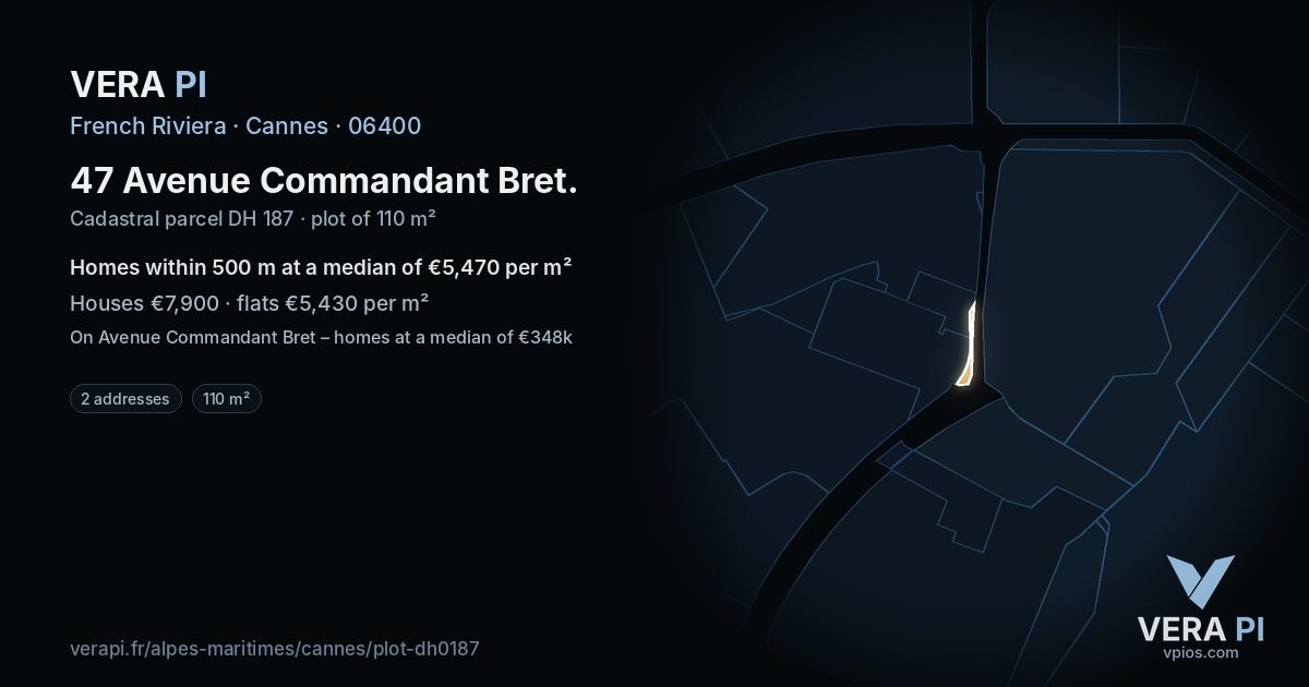 47 Avenue Commandant Bret, Cannes at night – the plot lit, the parcels around coloured by the prices near them