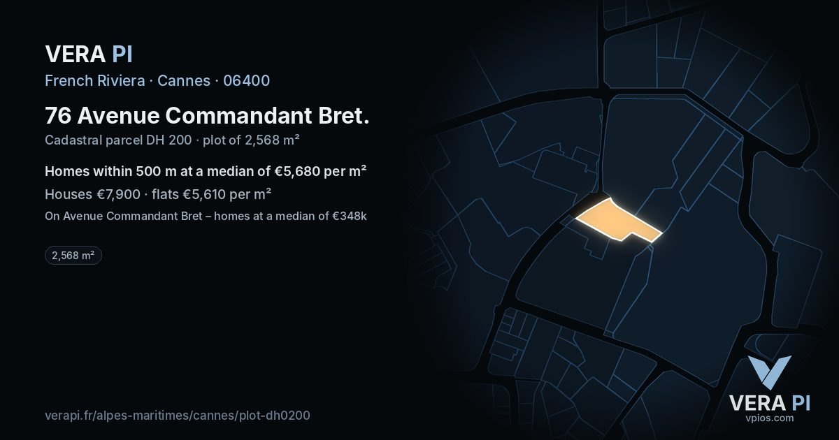 76 Avenue Commandant Bret, Cannes at night – the plot lit, the parcels around coloured by the prices near them